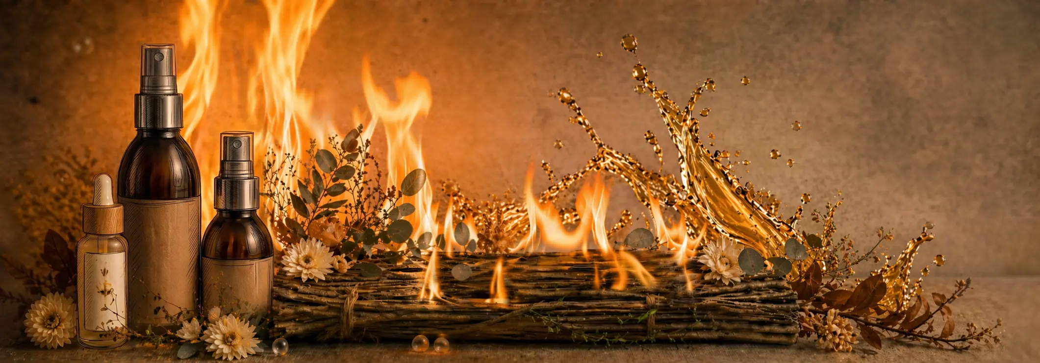 Huiles de soin naturelles avec flacons en verre, pipette, sprays, fleurs et texture dorée dans une ambiance botanique chaleureuse