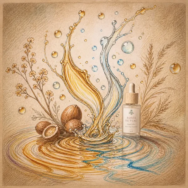 Huiles de soin naturelles : illustration sensorielle avec Rosée de Peau huiles de soin naturelles illustration botanique avec flacon huile visage Rosée de Peau Sous l’Écorce