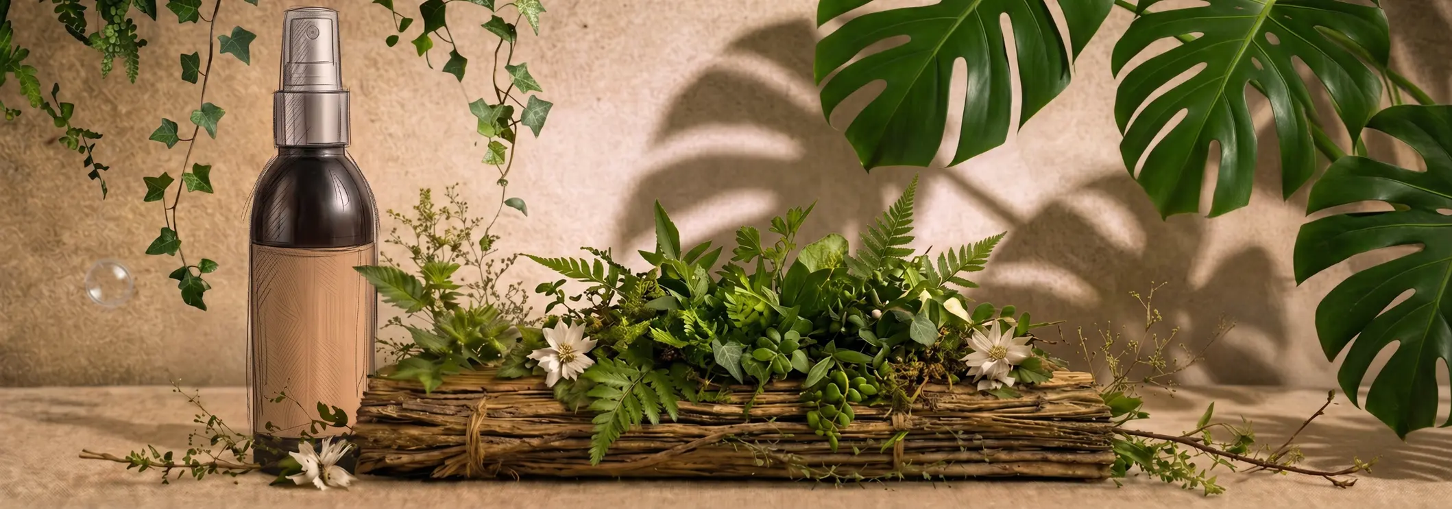 Huiles végétales naturelles avec flacon spray, feuillage luxuriant et ambiance botanique végétale