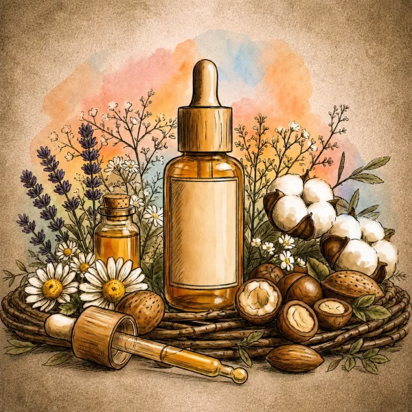 Huile visage naturelle aux actifs botaniques Flacon pipette d’huile visage illustré avec fleurs, coton, noix et ingrédients naturels