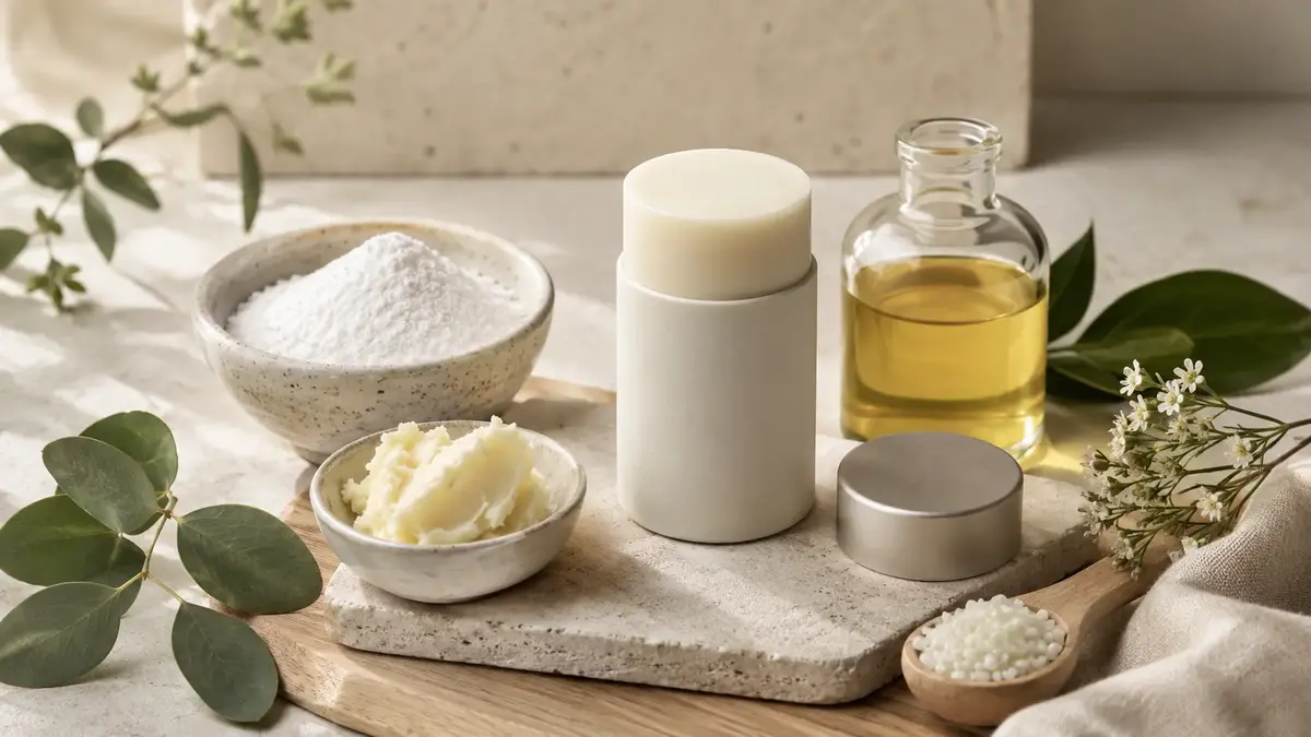 Déodorant solide naturel avec poudres absorbantes, beurre végétal, huile et cire dans une composition botanique.