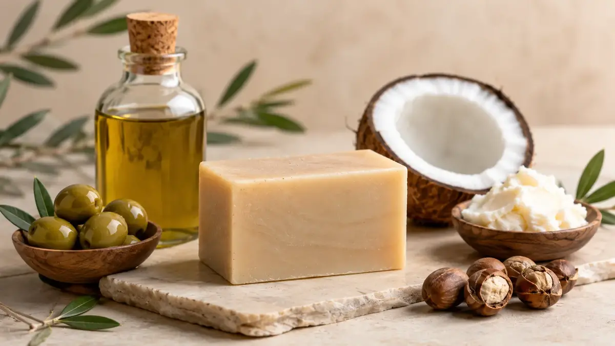 Savon avec huile d’olive, coco, beurre végétal et ingrédients naturels