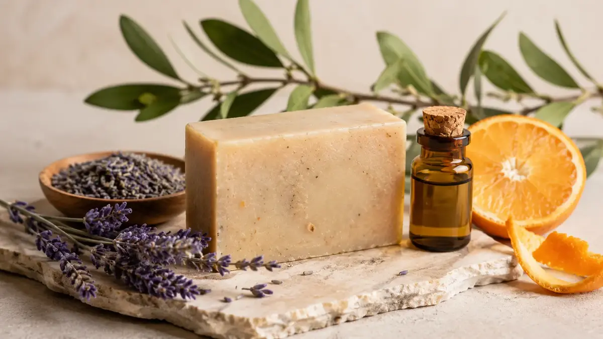Savon avec lavande, agrume et petit flacon aromatique pour illustrer parfum et allergènes