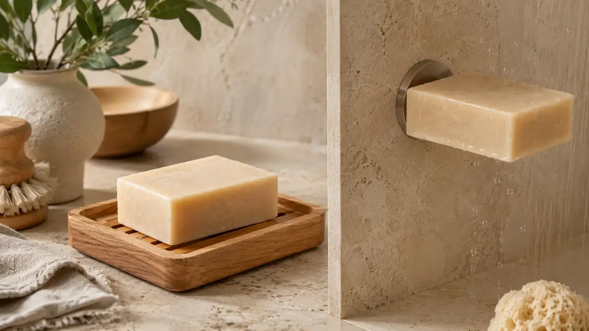 Savon solide sur porte-savon en bois ajouré et savon suspendu sur porte-savon aimanté