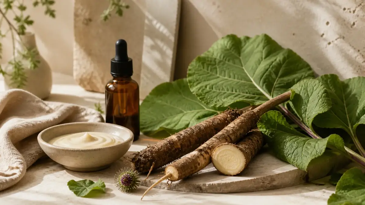 Bardane pour la peau avec racines, grandes feuilles, flacon ambré et soin naturel dans une routine purifiante douce
