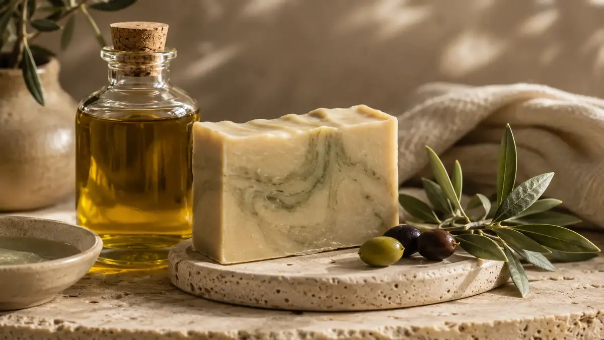 Savon saponifié à froid avec huile végétale et olives sur plateau minéral