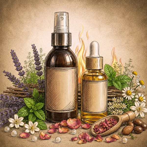 Rituels des corps et soins sensoriels naturels Flacons de soin corporel illustrés avec lavande, menthe, fleurs blanches et pétales de rose