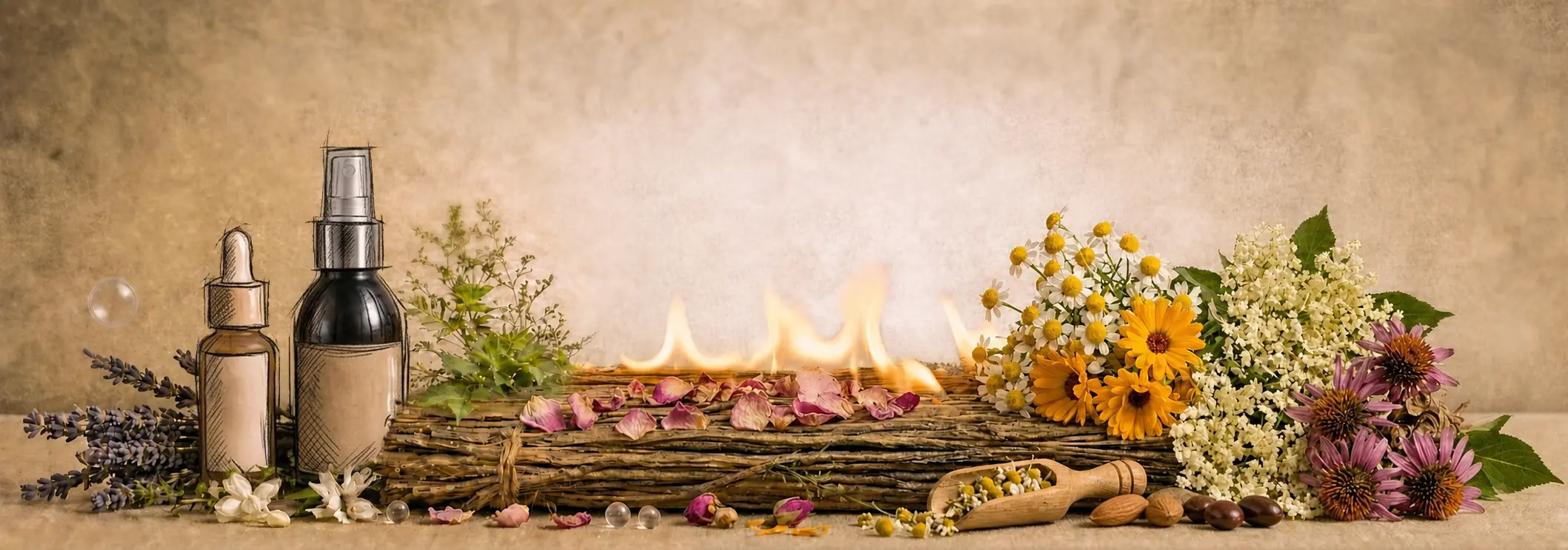 Rituels du corps naturels avec huile de soin, spray, fleurs séchées, pétales et plantes dans une ambiance botanique apaisante