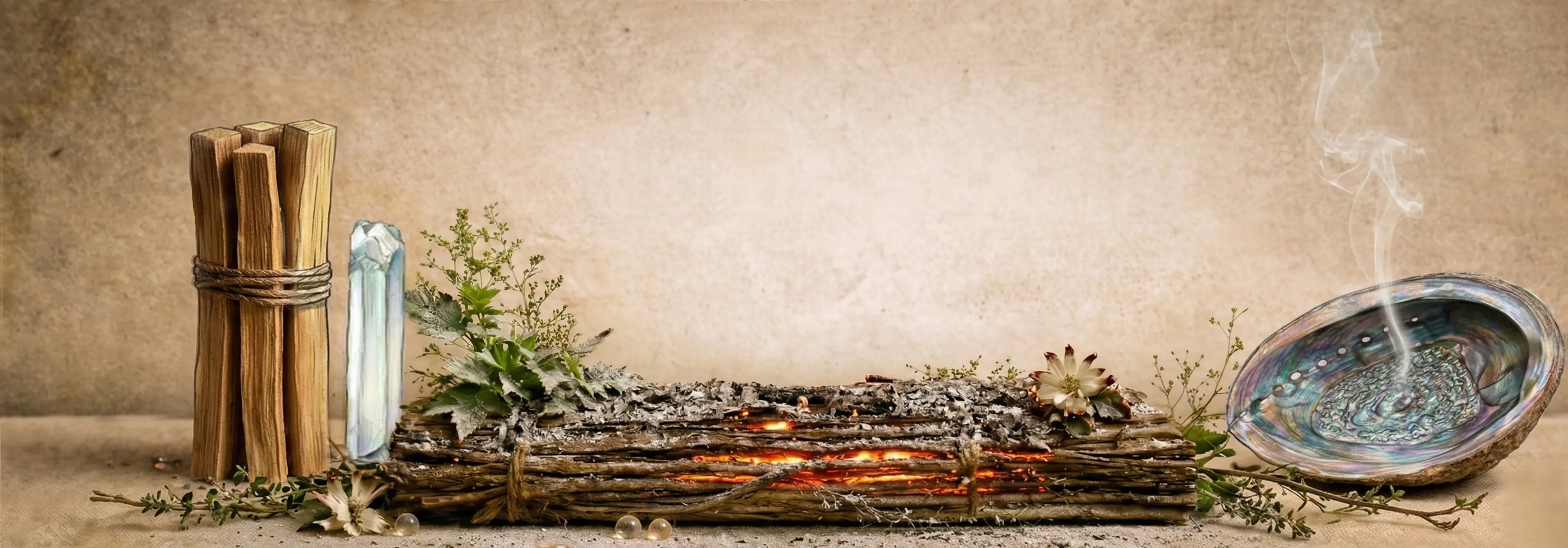 Rituels naturels avec palo santo, fumigation, coquille d’ormeau et cristaux dans une ambiance végétale apaisante