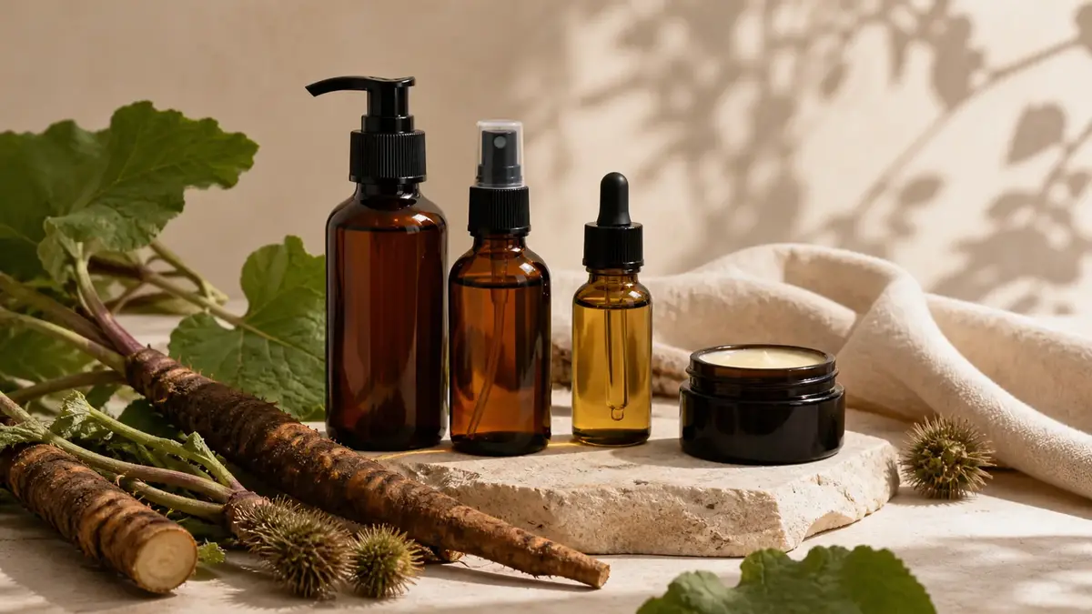 Routine naturelle à la bardane avec nettoyant doux, hydrolat, huile légère et baume pour peau à imperfections