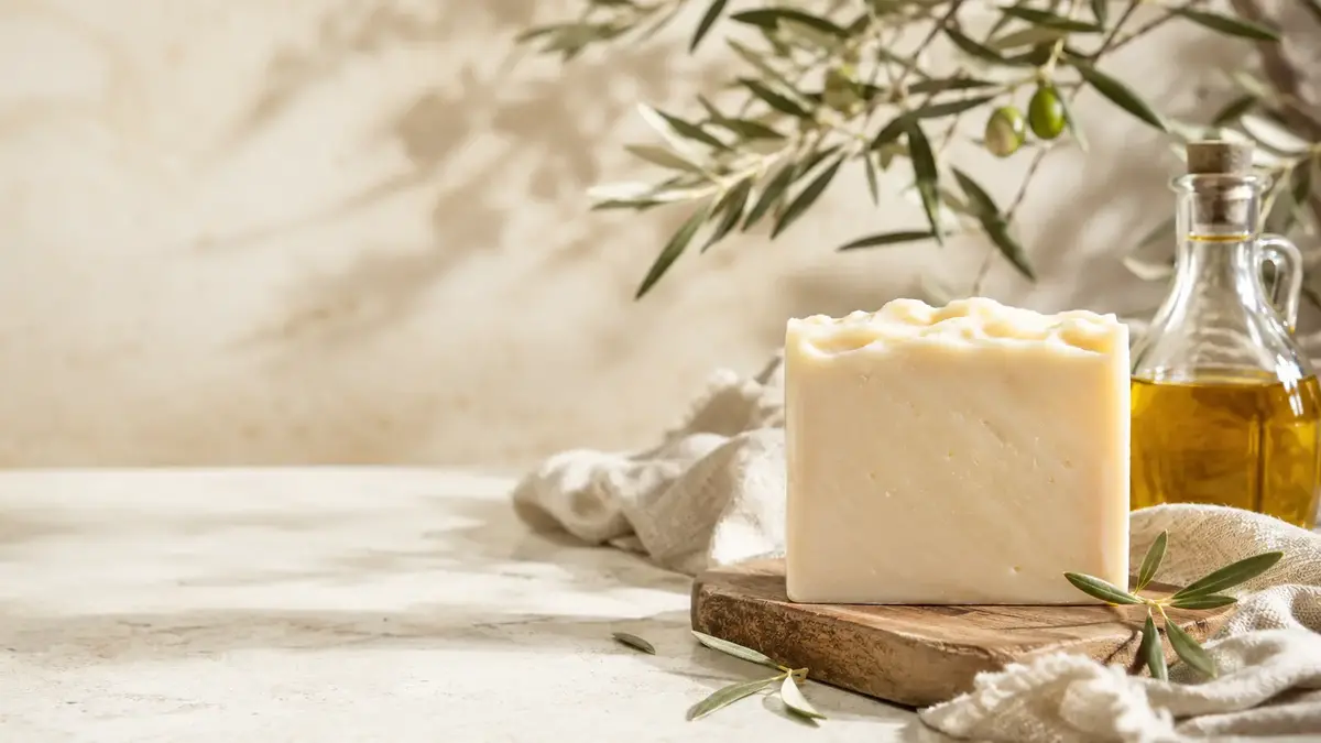 Saponification à froid avec huile d’olive et branche d’olivier dans une ambiance artisanale naturelle