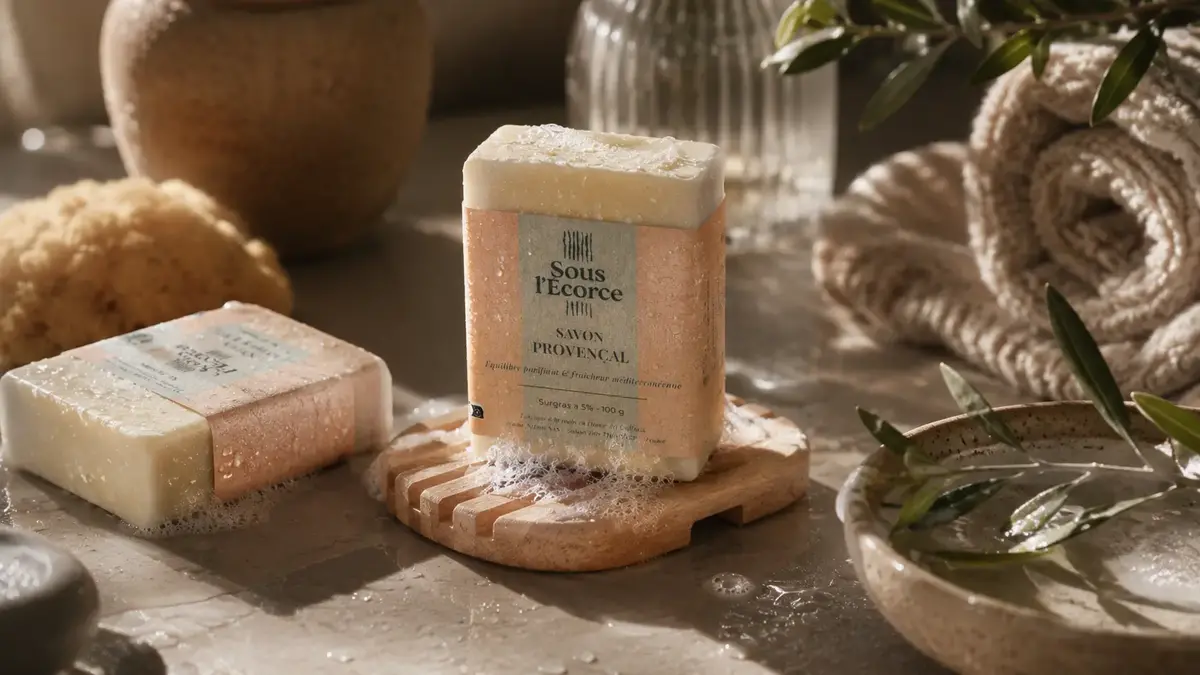 Savon solide artisanal Provençal Sous l’Écorce sur porte-savon en bois dans une ambiance de soin naturelle