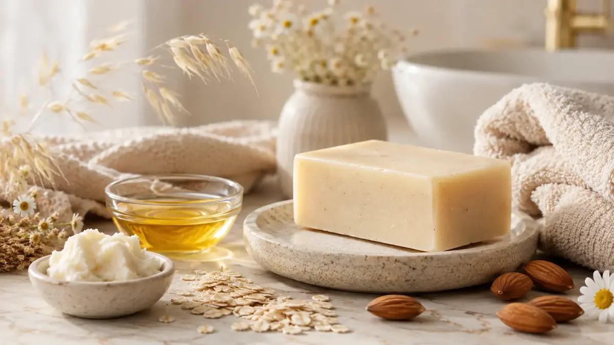 Savon doux avec huile végétale, avoine et amandes pour illustrer un savon pour peau sèche