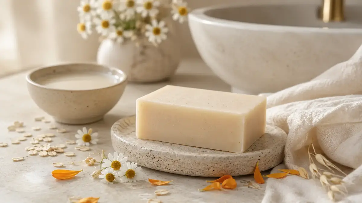 Savon doux avec camomille, avoine et fleurs dans une ambiance apaisante pour peau sensible