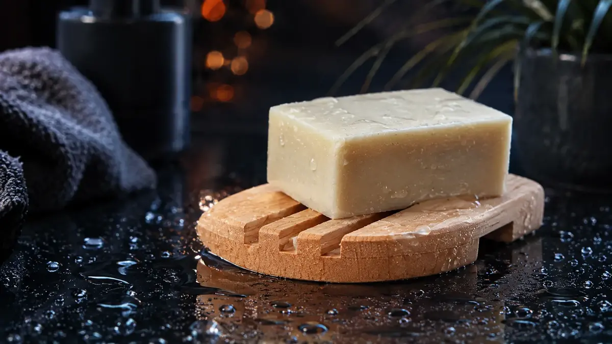Savon solide posé sur un porte-savon en bois ajouré pour favoriser le séchage entre deux utilisations