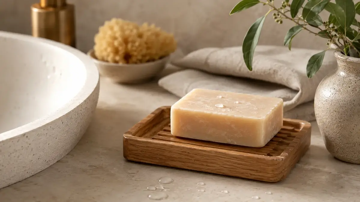 Savon solide posé sur un porte-savon rainuré pour sécher après utilisation, pour faire durer un savon solide.