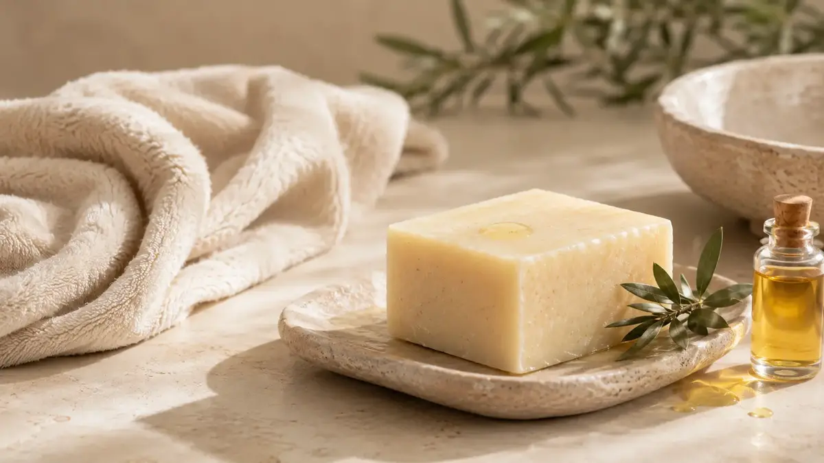 Savon surgras avec huile végétale dans une ambiance de soin douce et naturelle