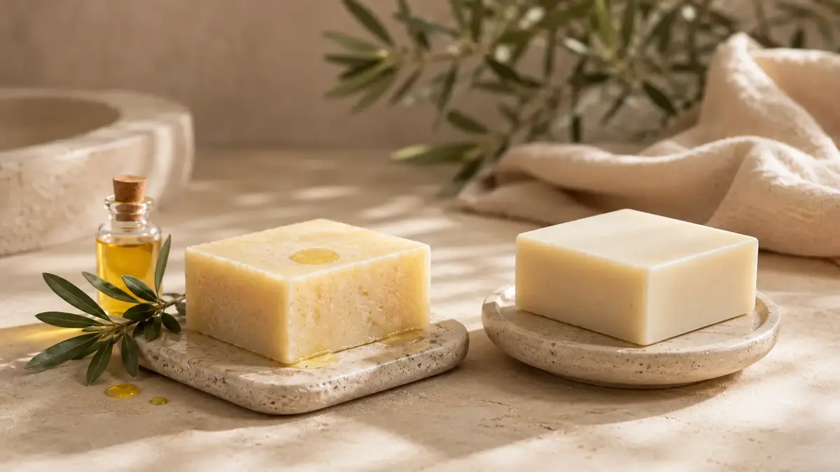 Savon surgras avec huile végétale à côté d’un savon classique