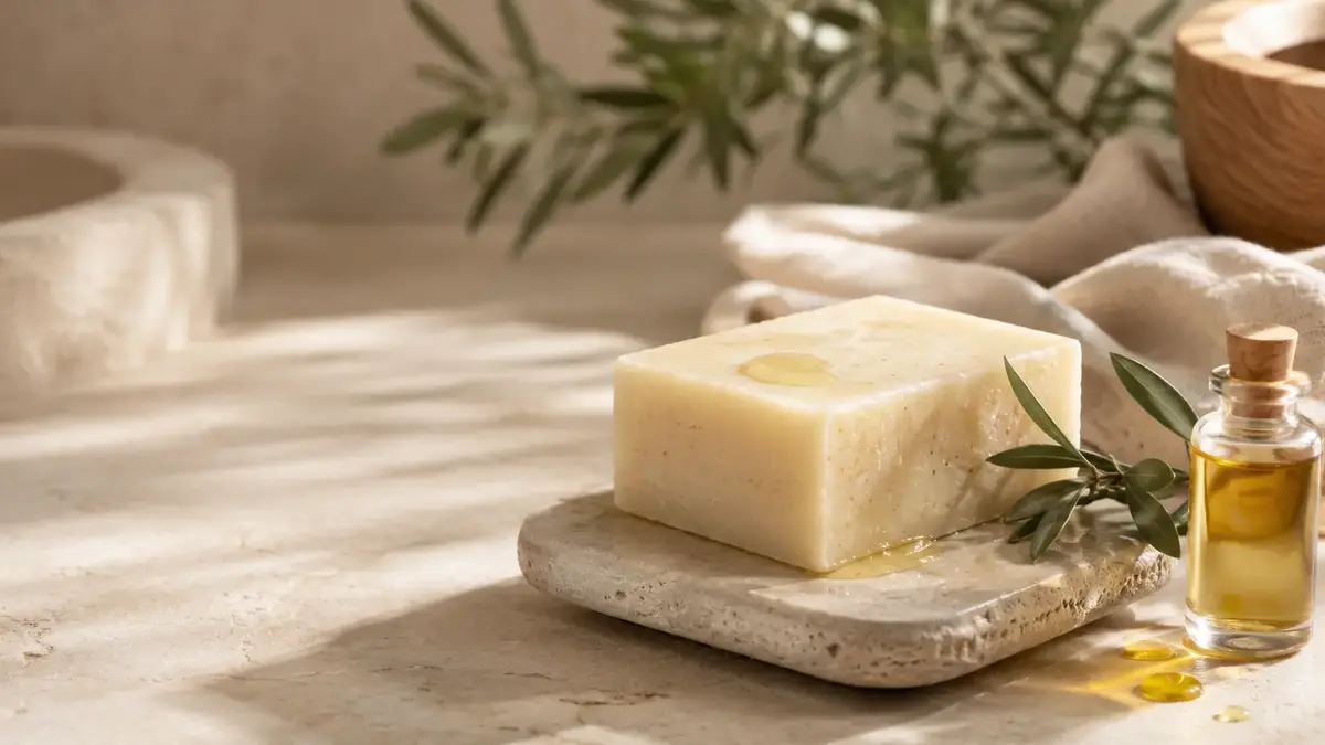 Savon surgras avec huile végétale sur plateau minéral dans une ambiance naturelle