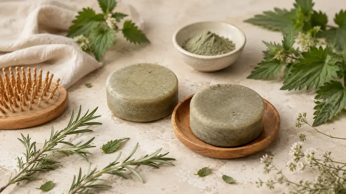 Shampoing solide naturel pour cheveux gras avec ortie, romarin et argile verte