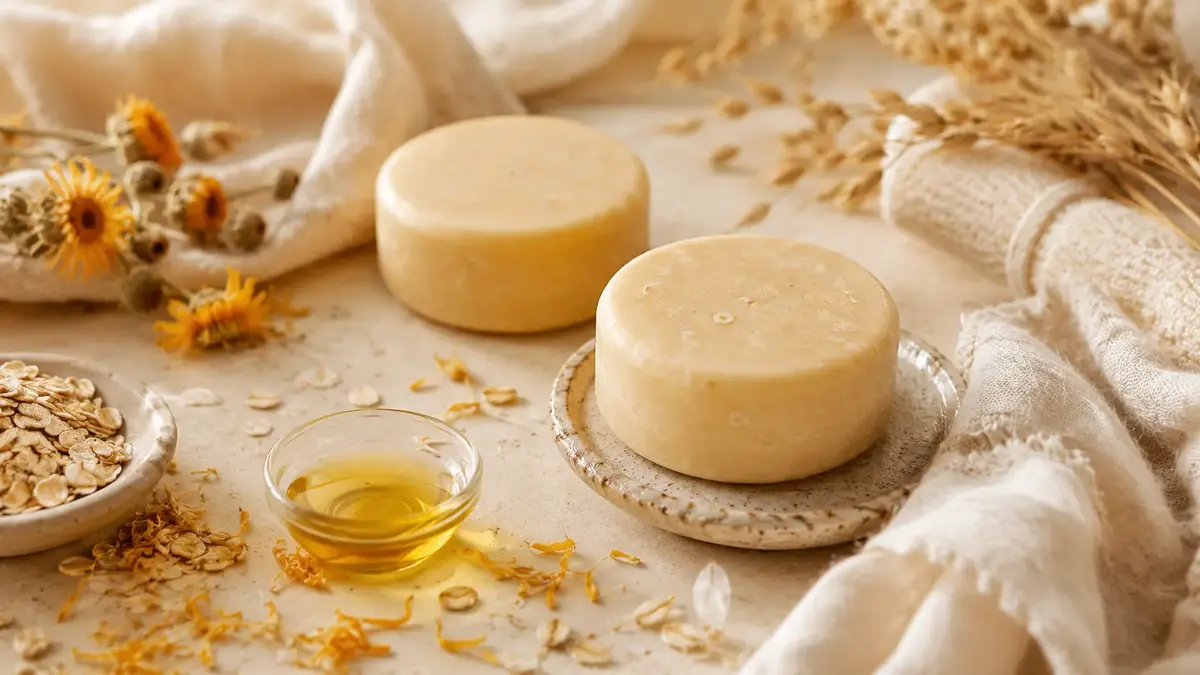 shampoing solide pour cheveux secs avec avoine, calendula et huile végétale