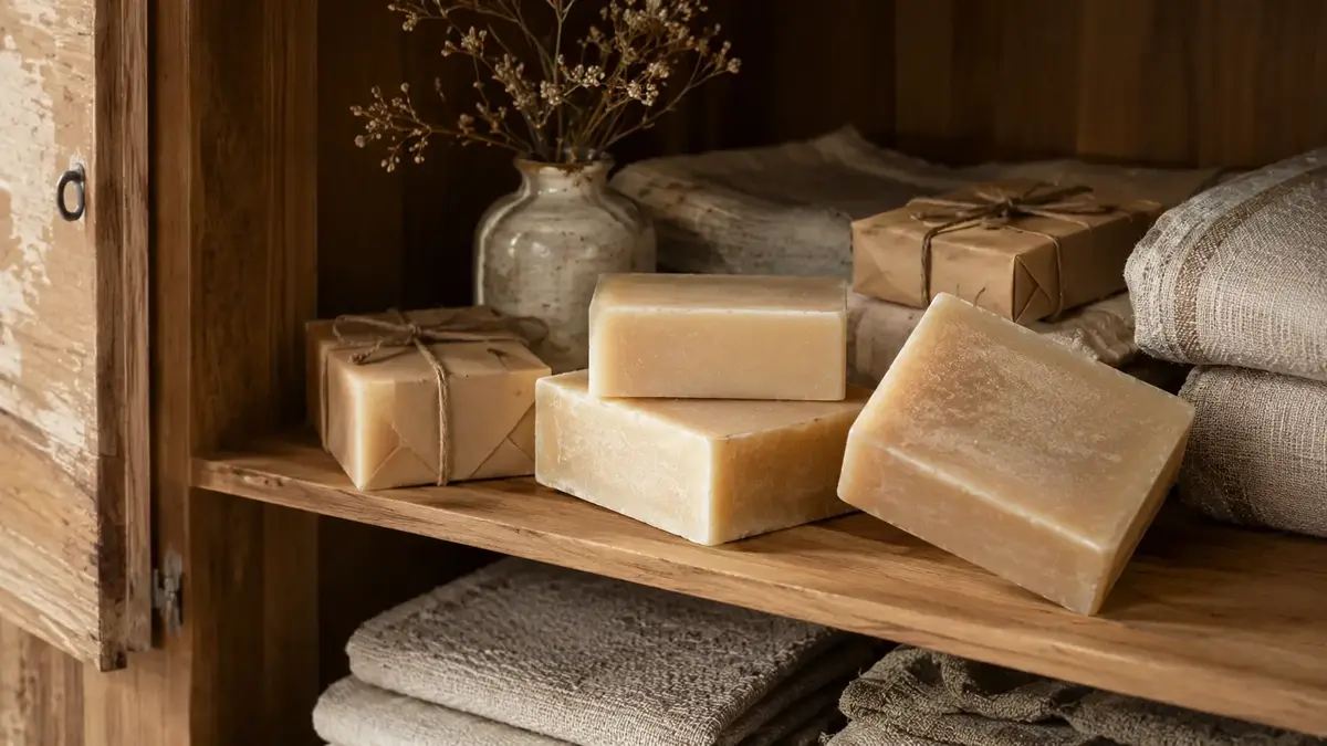 Savons solides rangés dans une armoire en bois avec du linge naturel