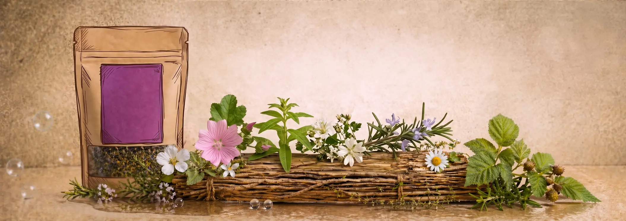 Tisanes et plantes naturelles avec sachet d’herboristerie, fleurs, feuilles et plantes pour infusion bien-être