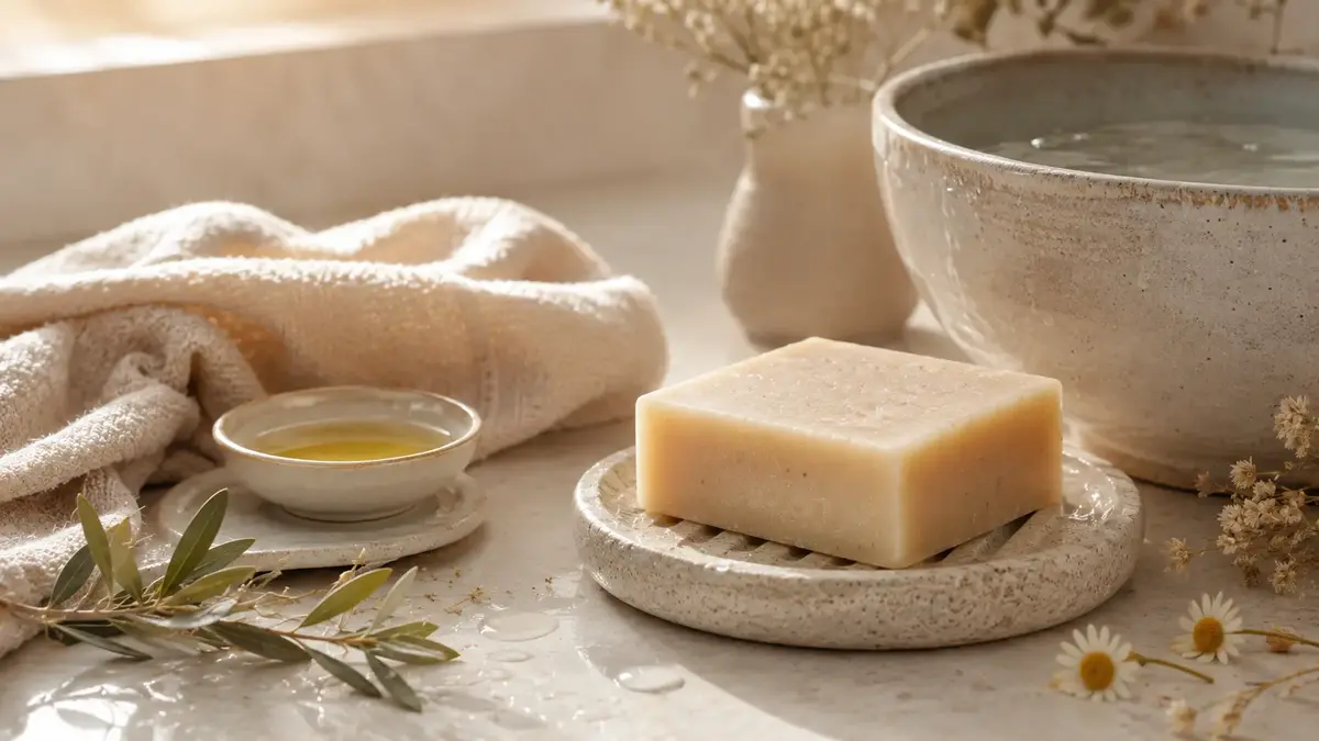 Savon doux posé près d’une bassine et d’une serviette dans une ambiance de toilette apaisante