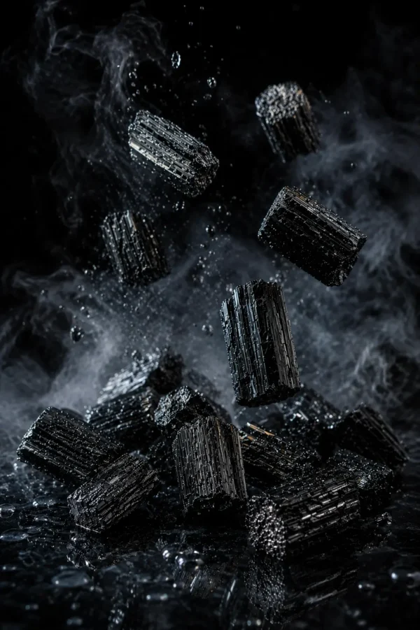 Tourmaline noire brute – éclats minéraux Morceaux de tourmaline noire brute sur fond sombre avec fumée et reflets