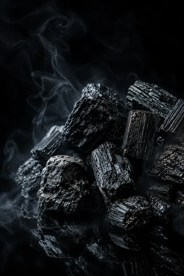 Tourmaline noire brute – lot de pierres Plusieurs pierres de tourmaline noire brute groupées sur fond noir avec fumée