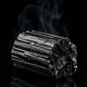 Pierre de tourmaline noire brute posée sur fond noir brillant