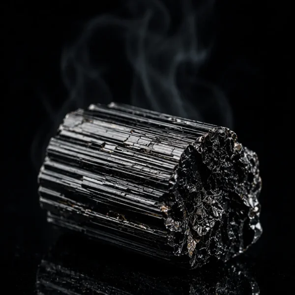 Tourmaline noire brute – pièce unique Pierre de tourmaline noire brute posée sur fond noir brillant