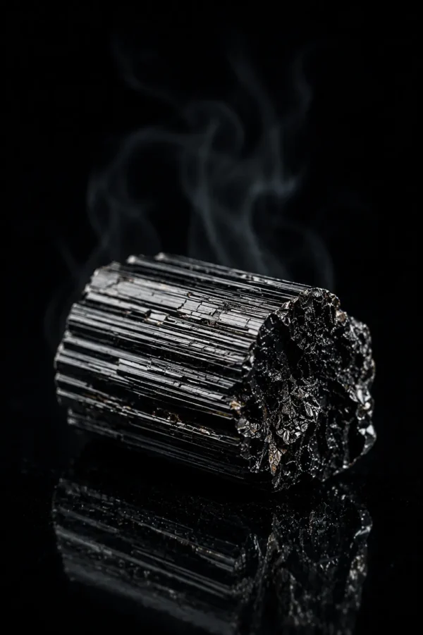 Tourmaline noire brute – pièce unique Pierre de tourmaline noire brute posée sur fond noir brillant