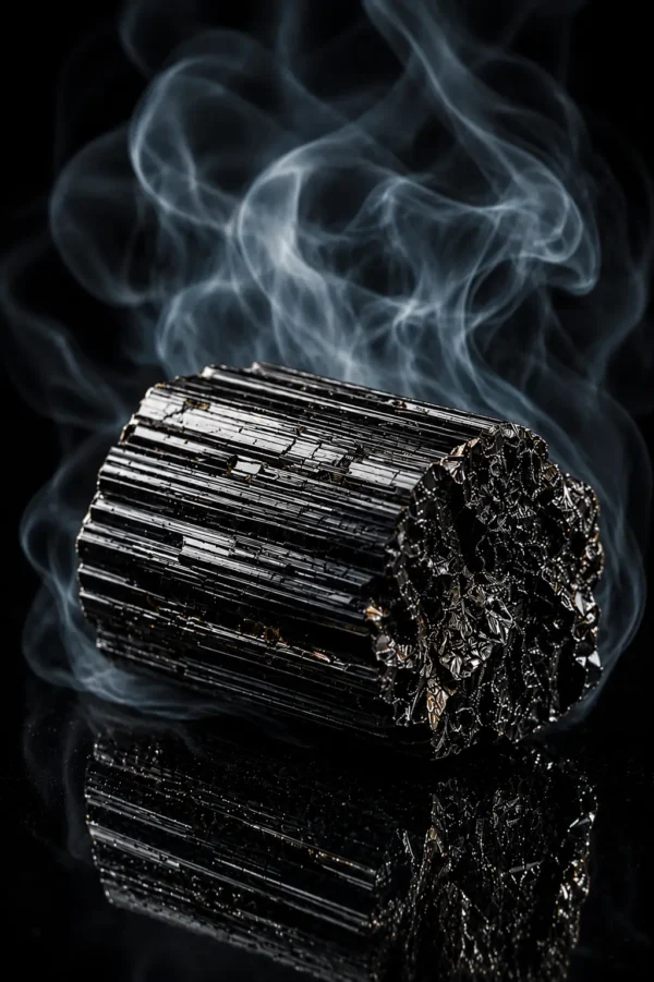 Tourmaline noire brute – pierre brute sur fond fumé Pierre de tourmaline noire brute avec fumée sur fond sombre
