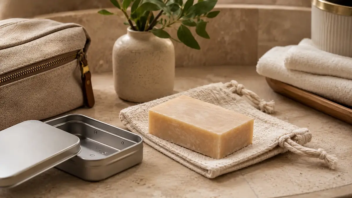 Savon solide sec avec boîte de transport et pochette en coton