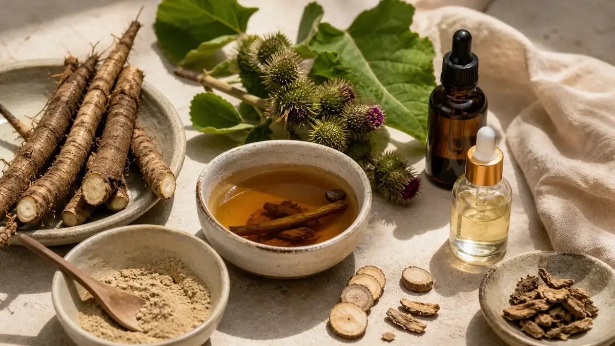 Racine de bardane, infusion, poudre végétale et huile naturelle pour intégrer la bardane dans une routine peau