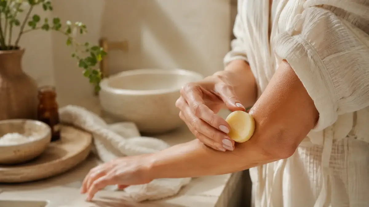 Application d’un baume solide naturel sur le coude pour nourrir une zone sèche.