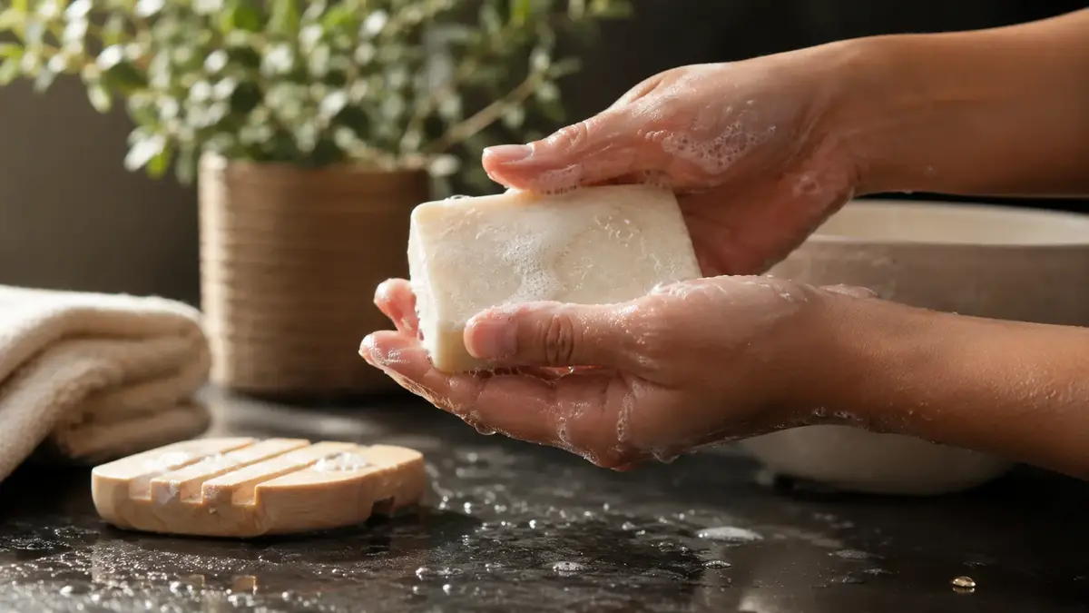 Mains faisant mousser un savon solide artisanal avec une mousse fine dans une routine de lavage naturelle